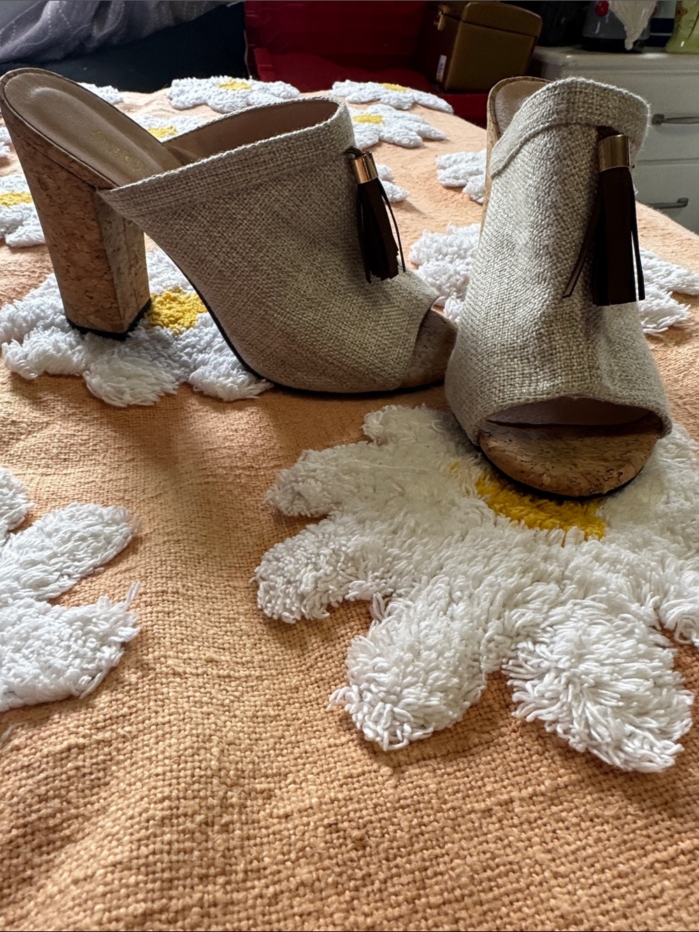 Beige Open-Toe Tassel Block Heel Mules